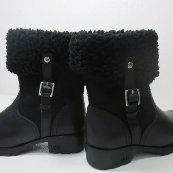 UGG Australia Black Bellevue 1914 Leather Shearling Zip Fold Over Moto Boots 7 - Picture 7 of 8